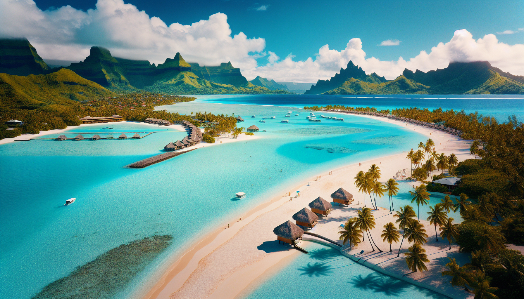 Bãi biển Bora Bora: Nằm ở Thái Bình Dương, Bora Bora được biết đến với các bãi biển cát trắng mịn và nước biển trong xanh.