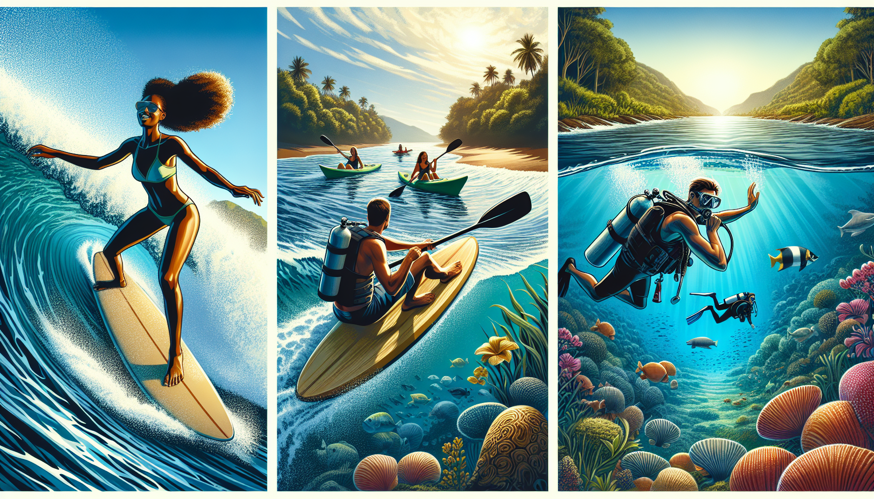 Tham gia các hoạt động thể thao nước như lướt sóng, đi kayak, lặn biển