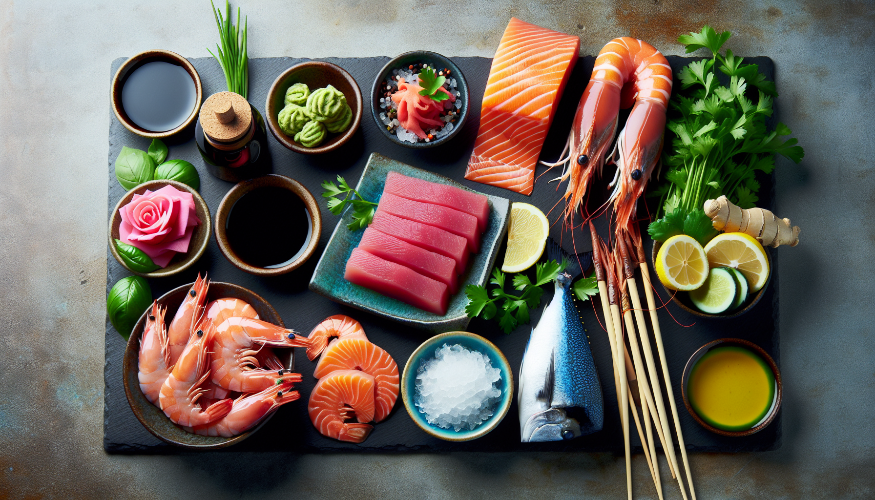 Chuẩn bị những nguyên liệu cần thiết gồm cá hồi tươi, tôm sú, cá ngừ, nước sốt ponzu, wasabi, gừng và rau sống.