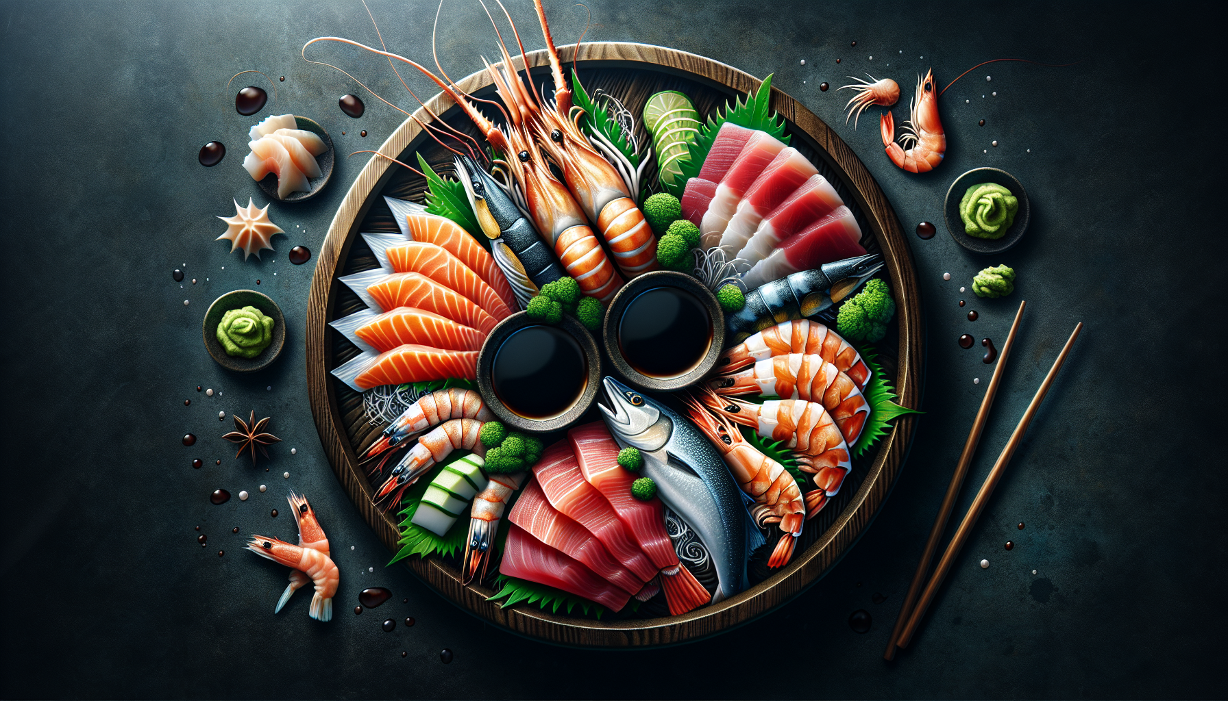 Món sashimi - thức ăn truyền thống của Nhật Bản, được làm từ các loại hải sản tươi sống như cá hồi, cá ngừ, tôm... Thường được thưởng thức cùng nước tương và rau sống.